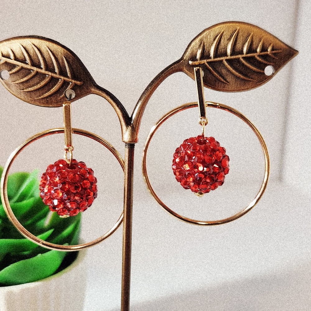 Red Pavé Crystal Disco Ball Gold Tone Geometric Hoop Drop Earrings Statement